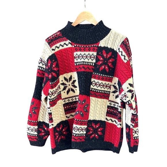 Vintage Jones New York Holiday Patchwork Snowflake Wool Sweater PM Hand Knit - Picture 1 of 4